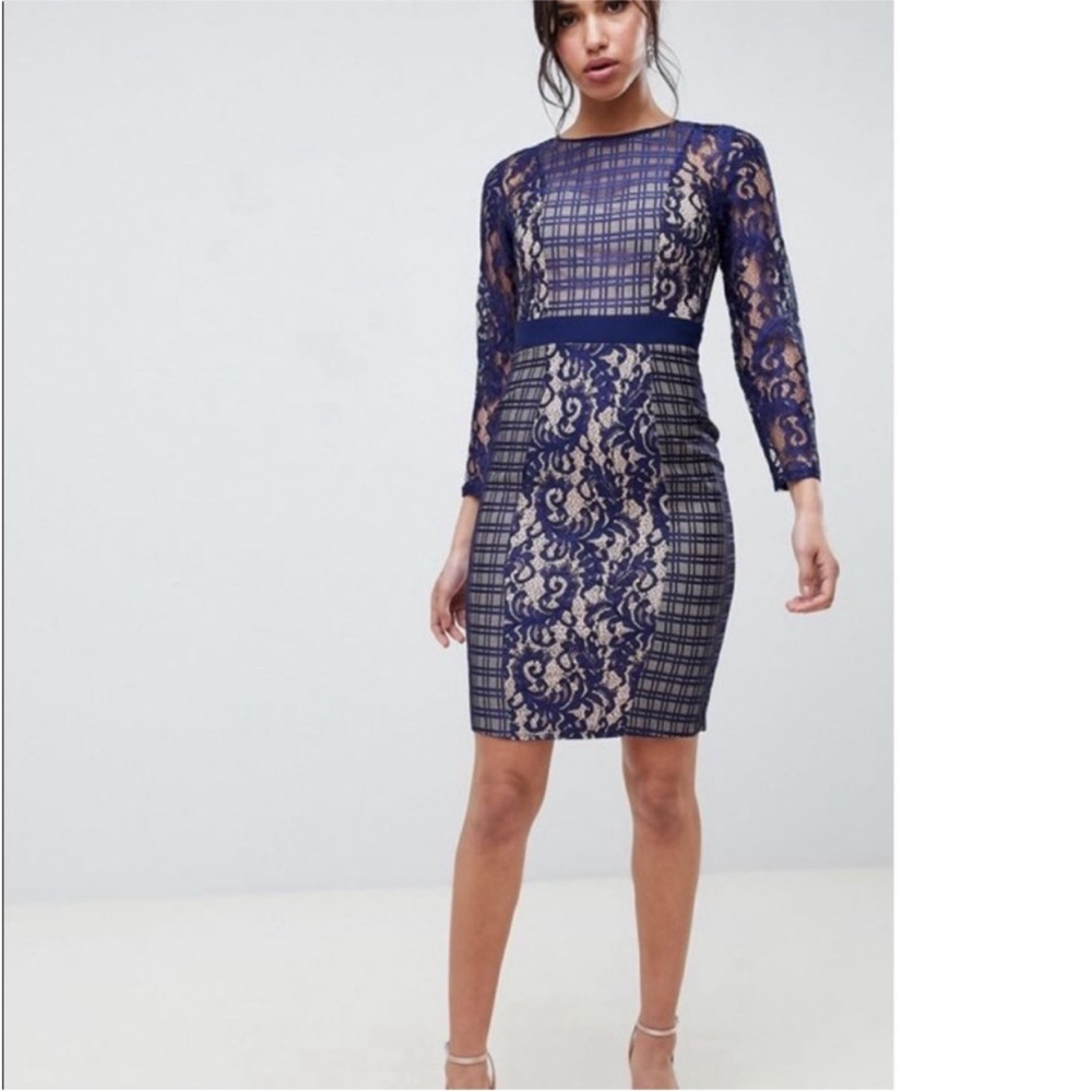 Little Mistress navy lace overlay dress
